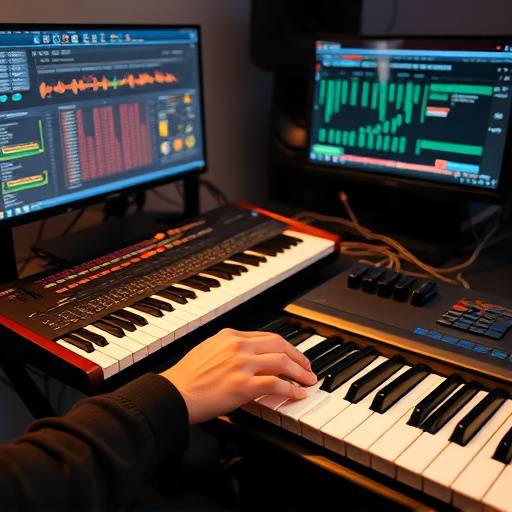 Compositore di musica che lavora su una tastiera MIDI e un computer.